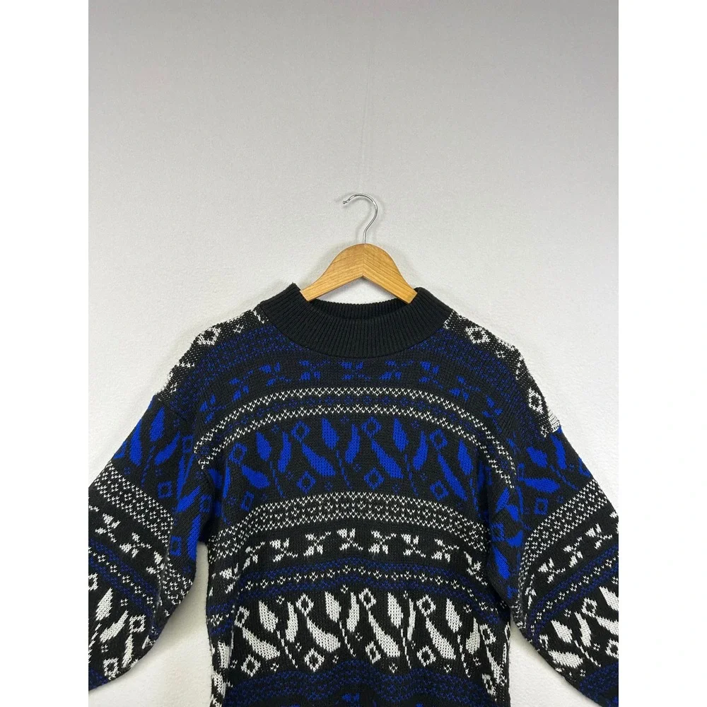Vintage 80s Javenits Mens Large Blue Black Geometric Abstract Knit Sweater‎ USA